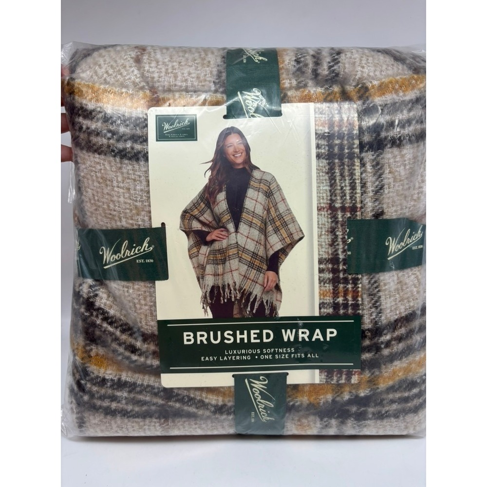 NWT Woolrich Brushed Wrap Women OS Yellow Plaid Fringe The Green Label Poncho